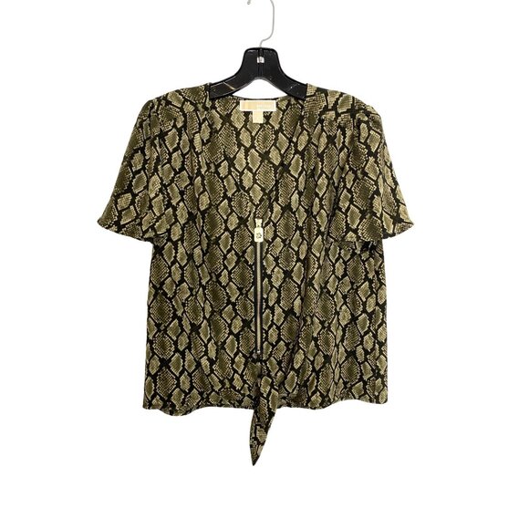 MICHAEL KORS WOMEN'S OLIVE GREEN SNAKE PRINT TIE FRONT SHORT SLEEVE BLOUSE SZ S - Picture 1 of 4